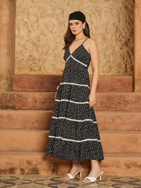 Black Ditsy Floral Strappy Tiered Maxi Dress-SASSAFRAS