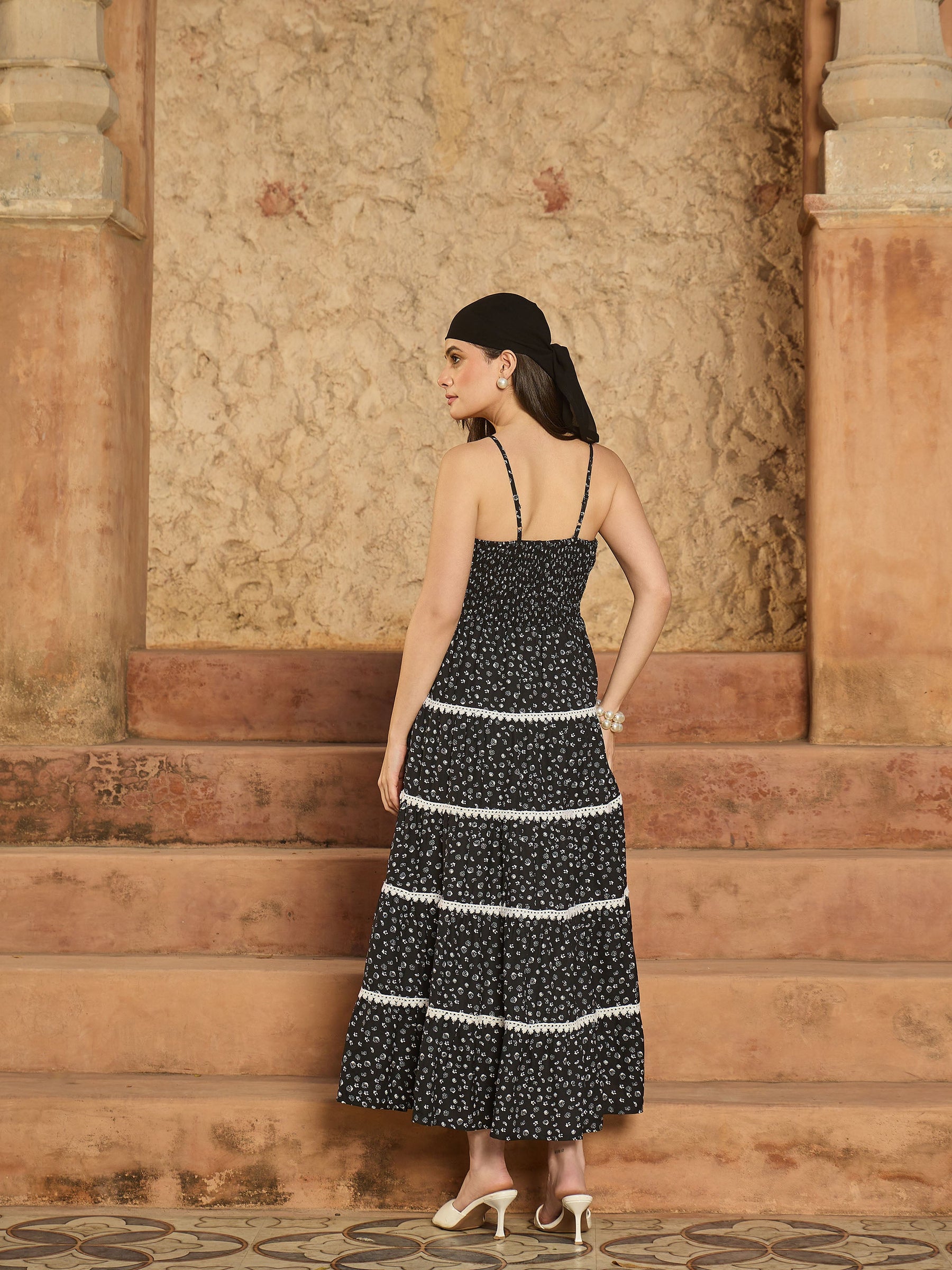Black Ditsy Floral Strappy Tiered Maxi Dress-SASSAFRAS