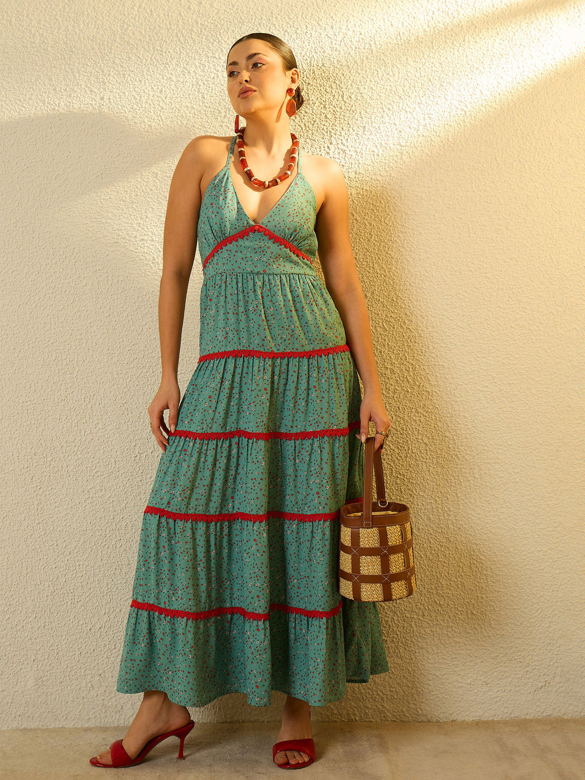 Turquoise Blue Ditsy Floral Strappy Tiered Maxi Dress-SASSAFRAS