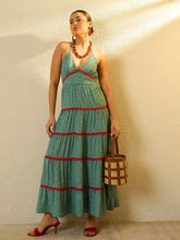 Turquoise Blue Ditsy Floral Strappy Tiered Maxi Dress-SASSAFRAS