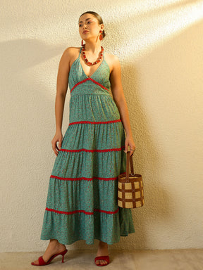 Turquoise Blue Ditsy Floral Strappy Tiered Maxi Dress-SASSAFRAS