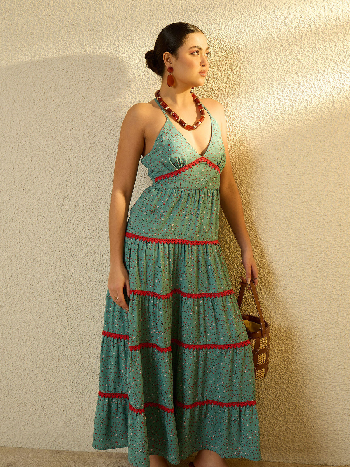 Turquoise Blue Ditsy Floral Strappy Tiered Maxi Dress-SASSAFRAS