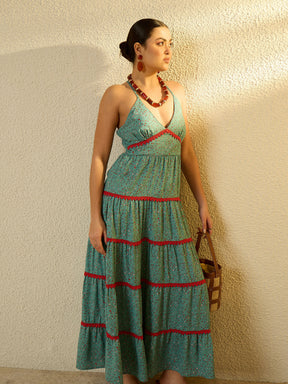 Turquoise Blue Ditsy Floral Strappy Tiered Maxi Dress-SASSAFRAS