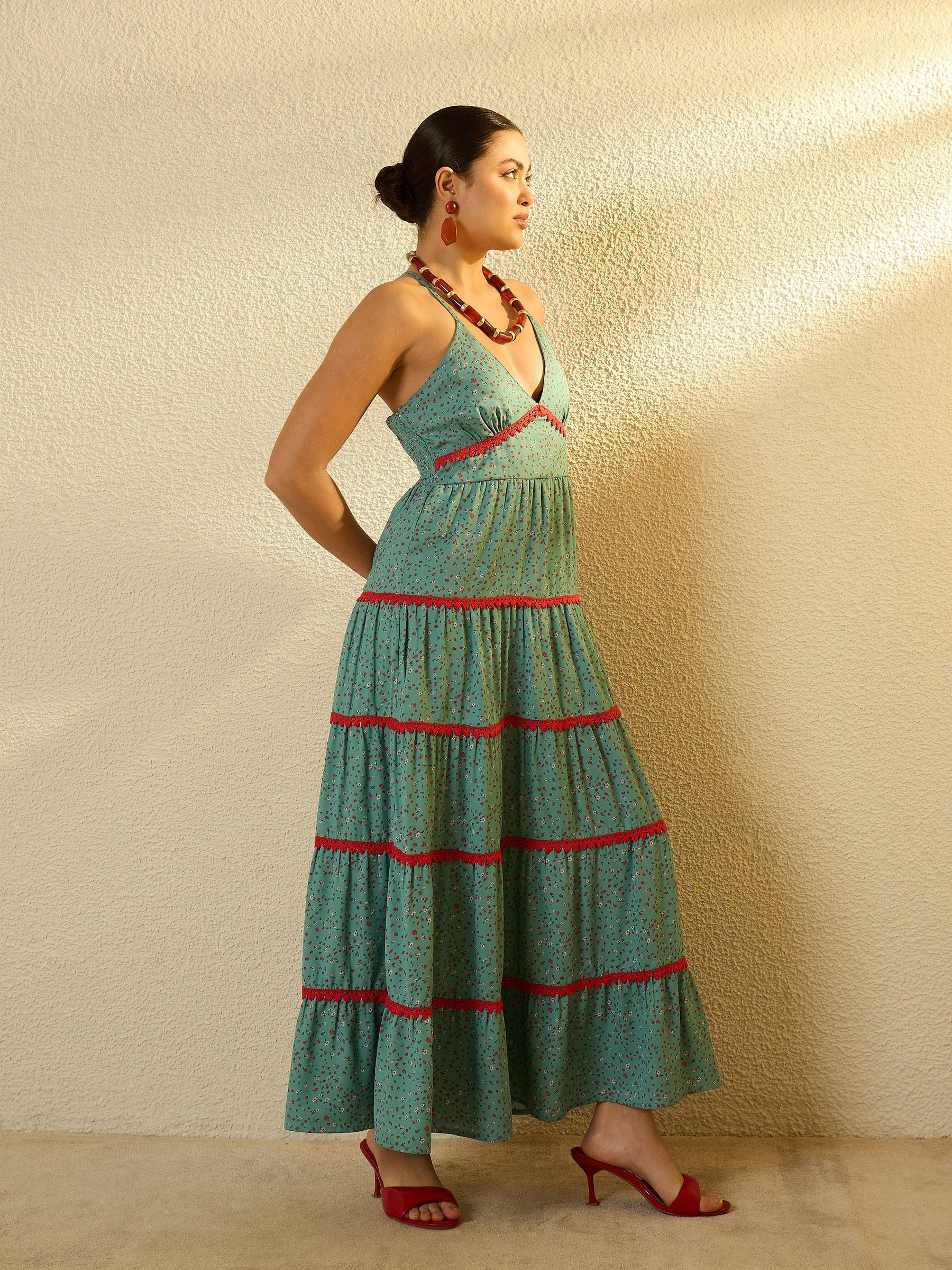 Turquoise Blue Ditsy Floral Strappy Tiered Maxi Dress-SASSAFRAS