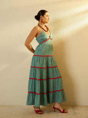 Turquoise Blue Ditsy Floral Strappy Tiered Maxi Dress-SASSAFRAS