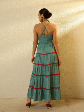 Turquoise Blue Ditsy Floral Strappy Tiered Maxi Dress-SASSAFRAS