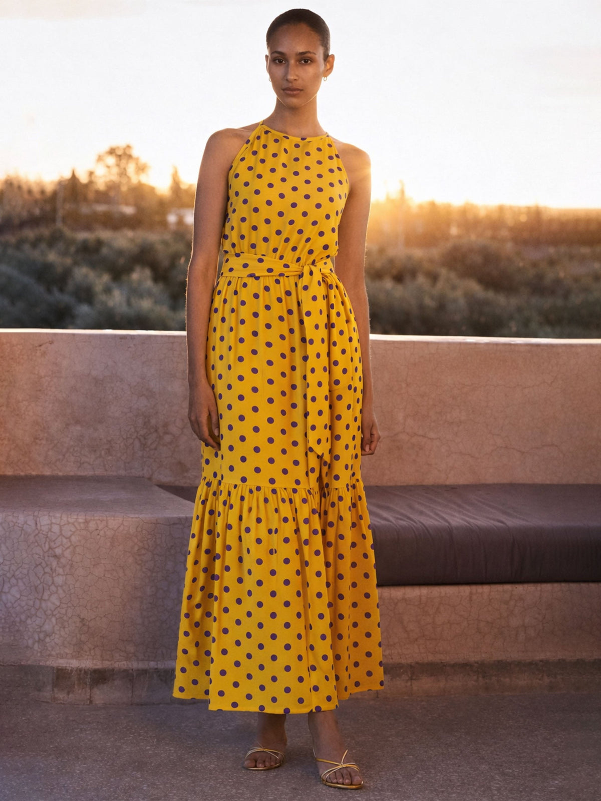 Yellow With Purple Polka Dot Sleeveless Tiered Maxi Dress-SASSAFRAS