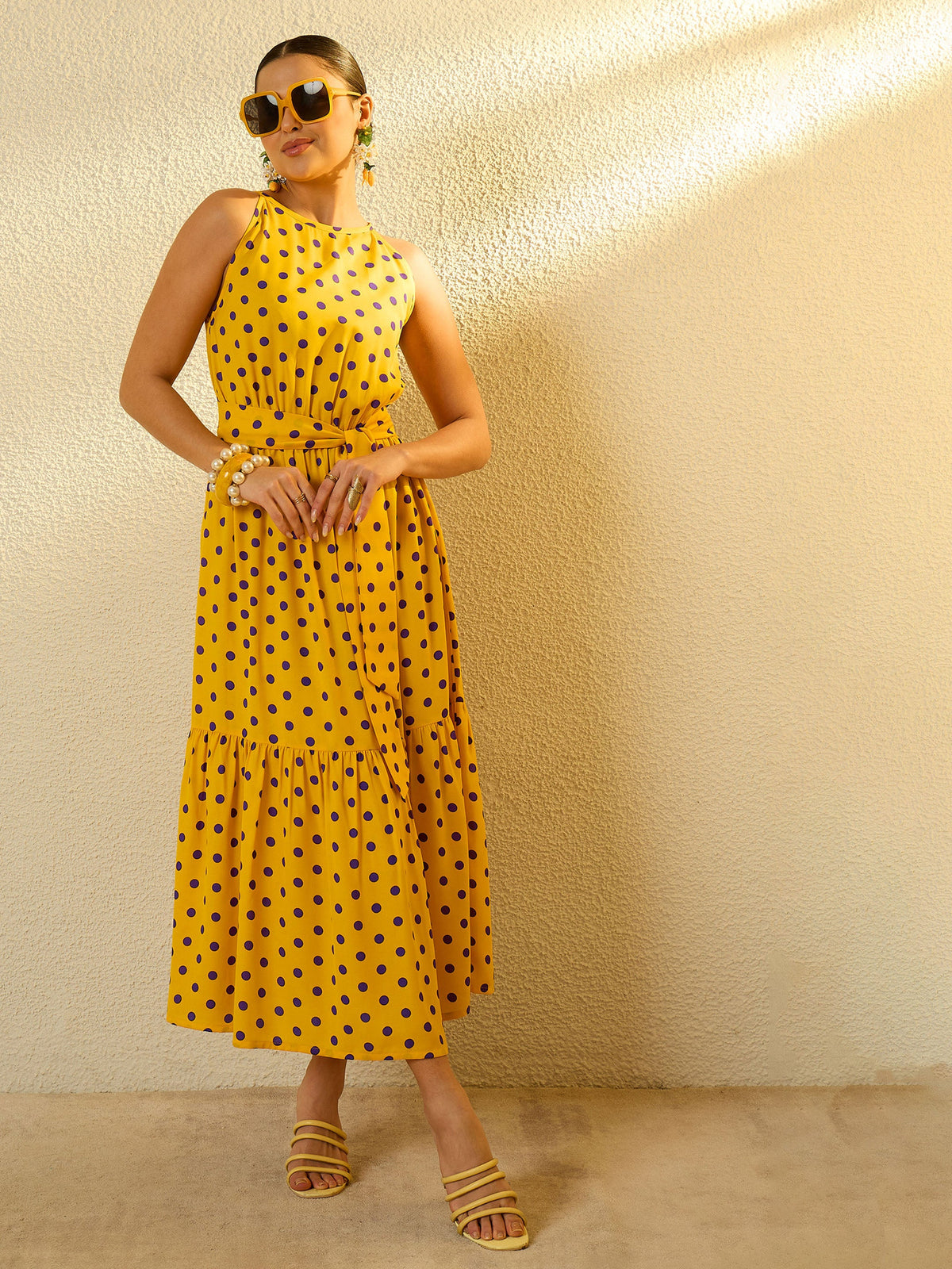 Yellow With Purple Polka Dot Sleeveless Tiered Maxi Dress-SASSAFRAS