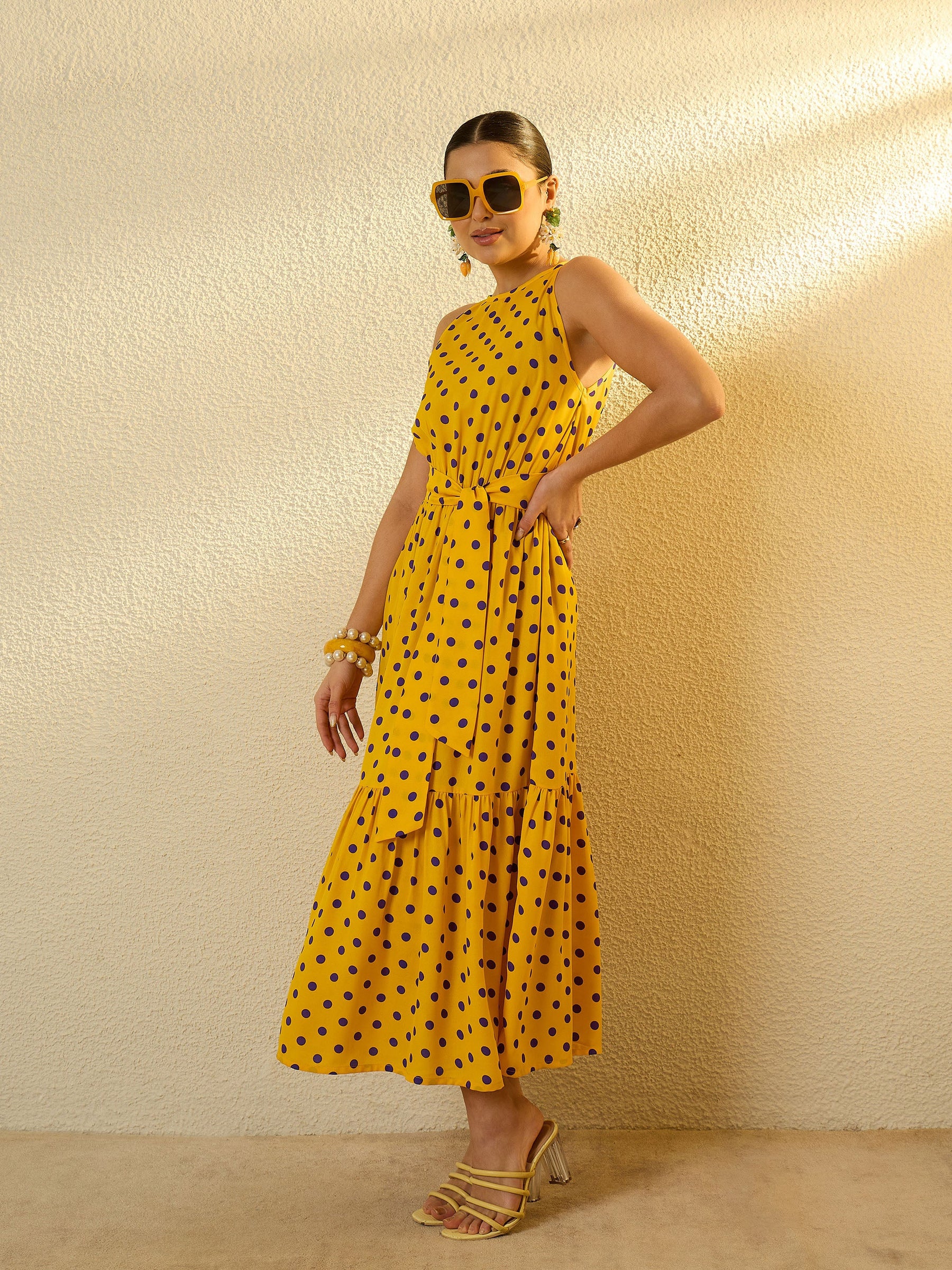 Yellow With Purple Polka Dot Sleeveless Tiered Maxi Dress-SASSAFRAS