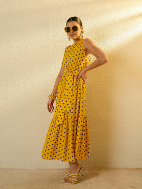 Yellow With Purple Polka Dot Sleeveless Tiered Maxi Dress-SASSAFRAS