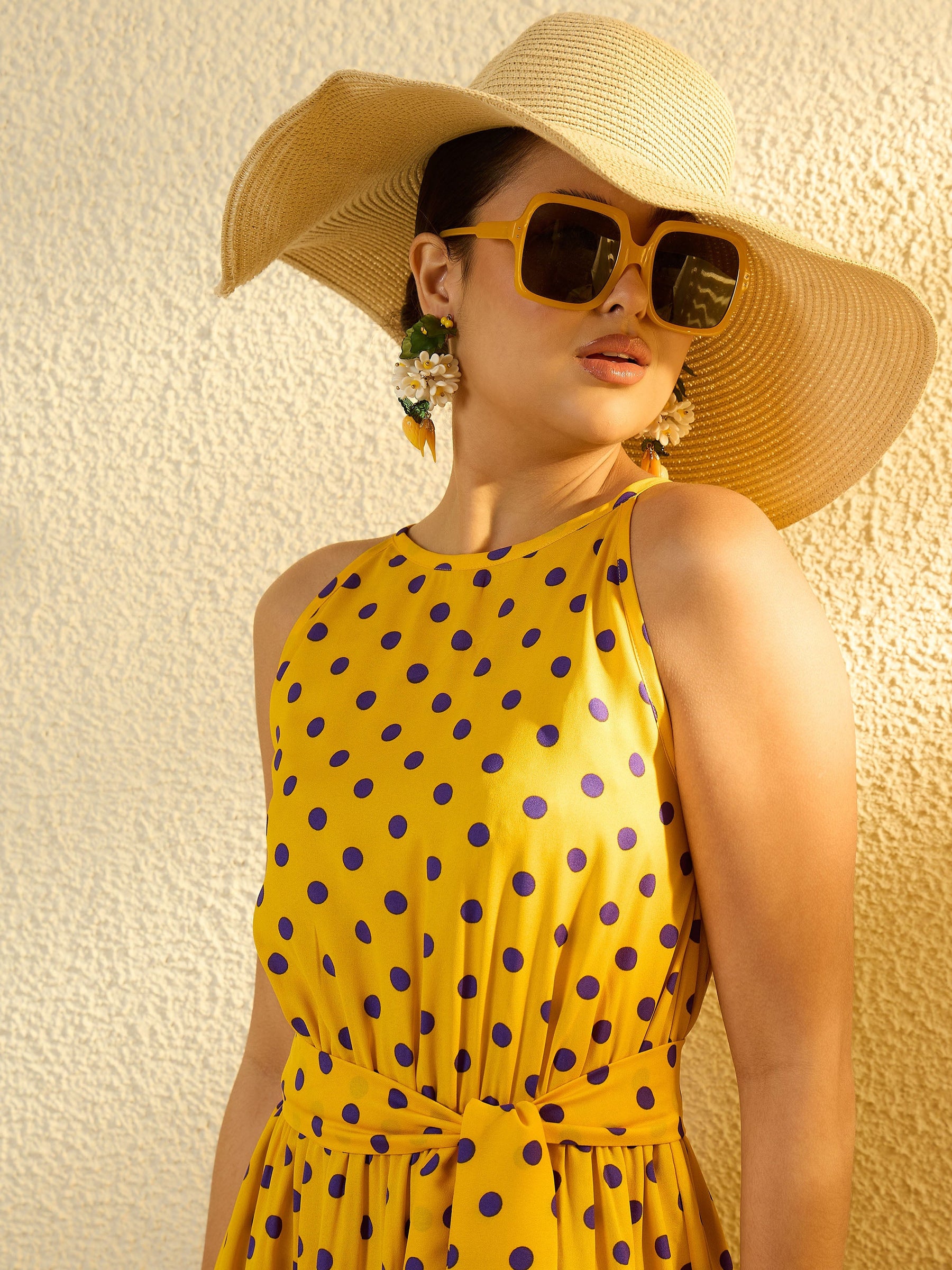 Yellow With Purple Polka Dot Sleeveless Tiered Maxi Dress-SASSAFRAS