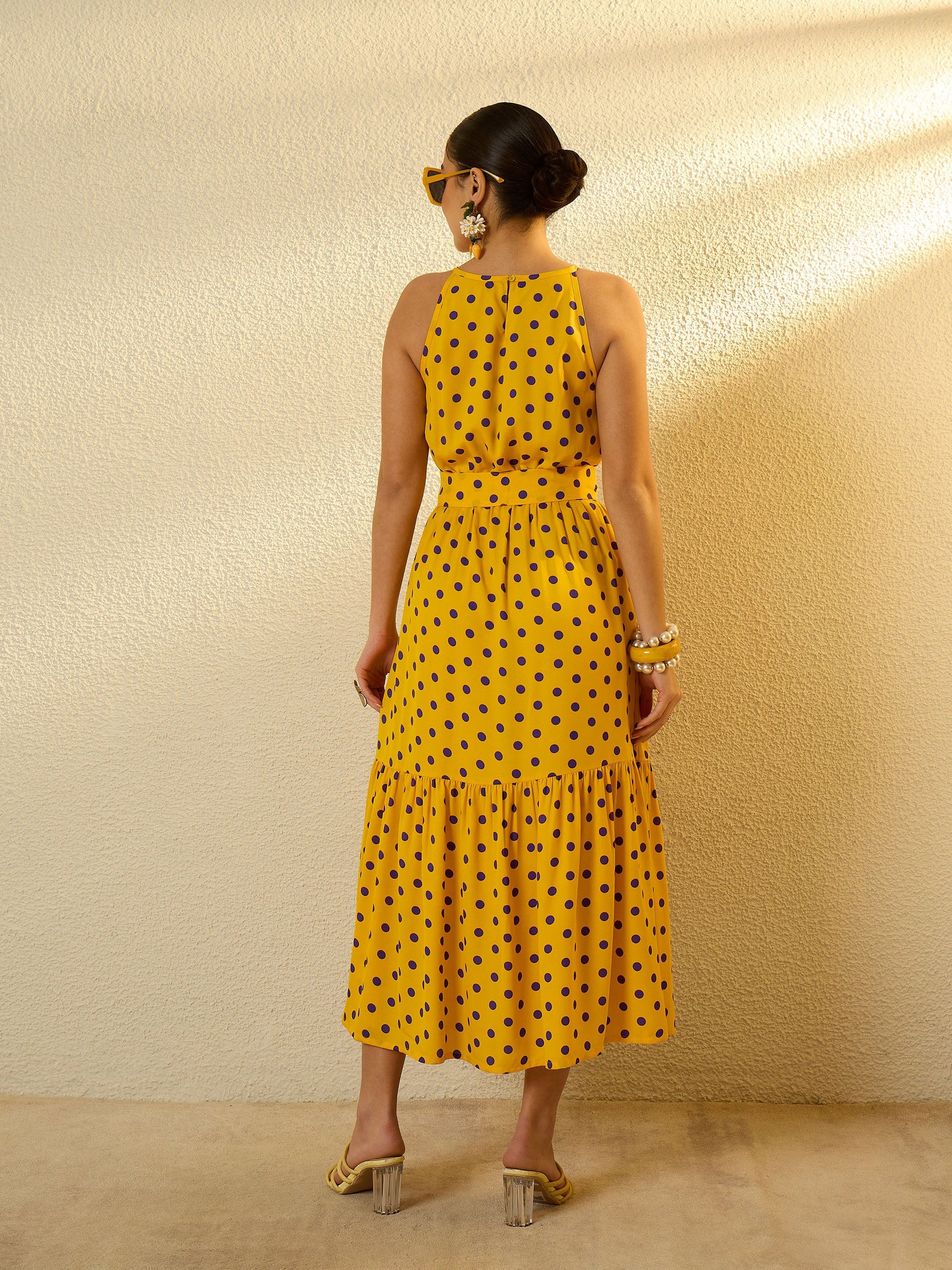 Yellow With Purple Polka Dot Sleeveless Tiered Maxi Dress-SASSAFRAS