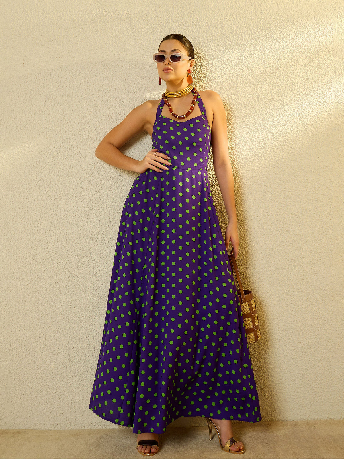 Purple With Green Polka Dot Halter Neck Maxi Dress-SASSAFRAS