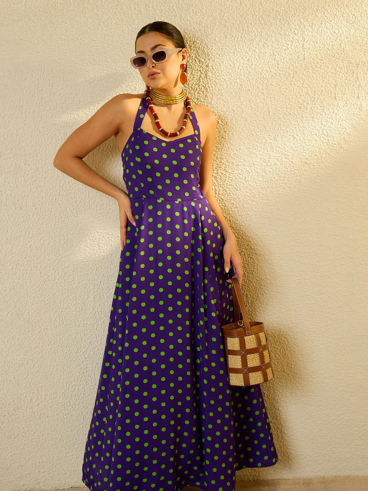 Purple With Green Polka Dot Halter Neck Maxi Dress-SASSAFRAS