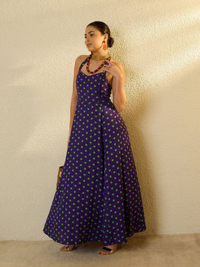 Purple With Green Polka Dot Halter Neck Maxi Dress-SASSAFRAS