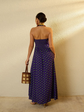 Purple With Green Polka Dot Halter Neck Maxi Dress-SASSAFRAS