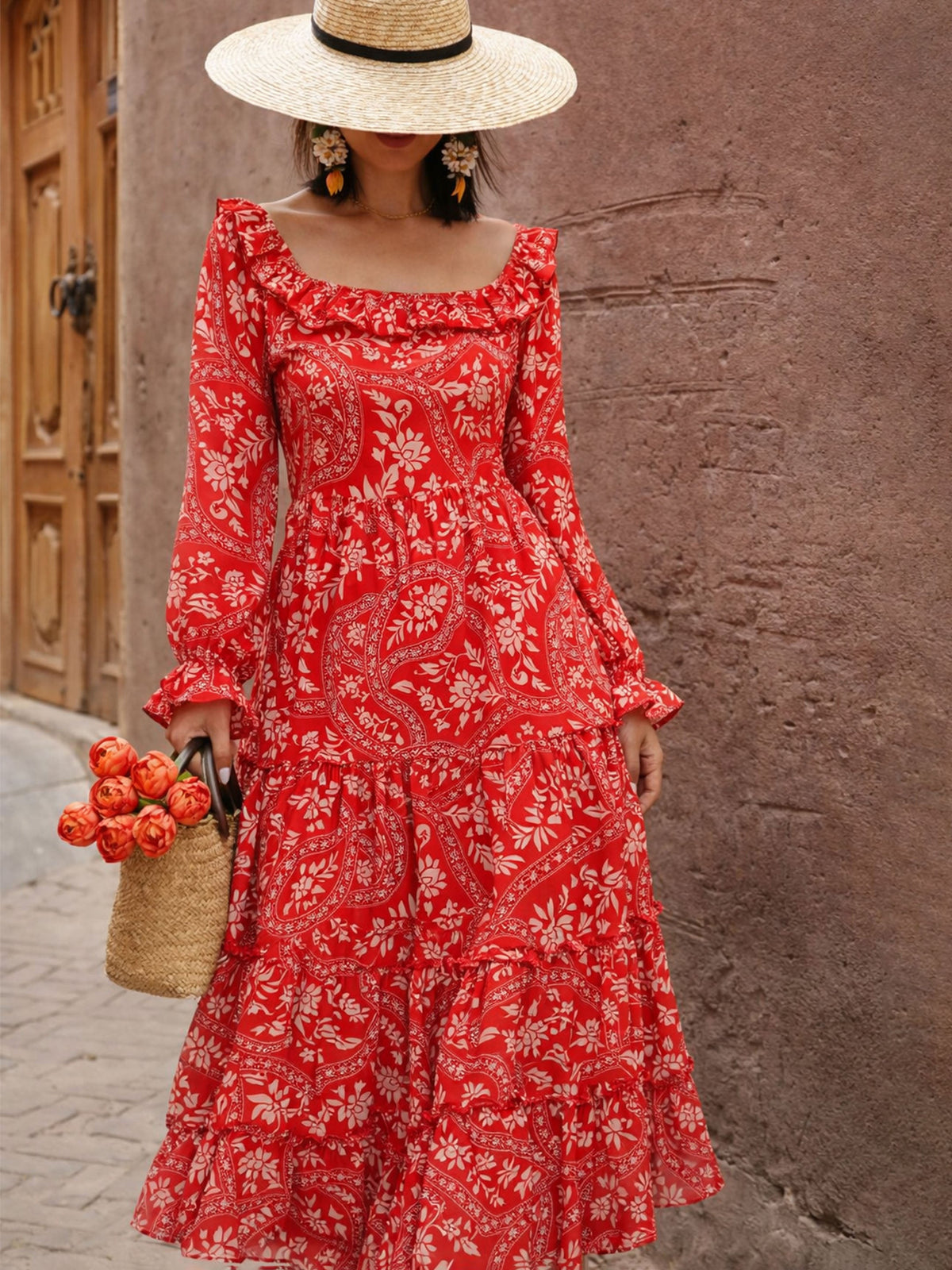 Orange Floral Square Neck Midi Dress-SASSAFRAS