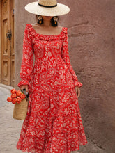 Orange Floral Square Neck Midi Dress-SASSAFRAS
