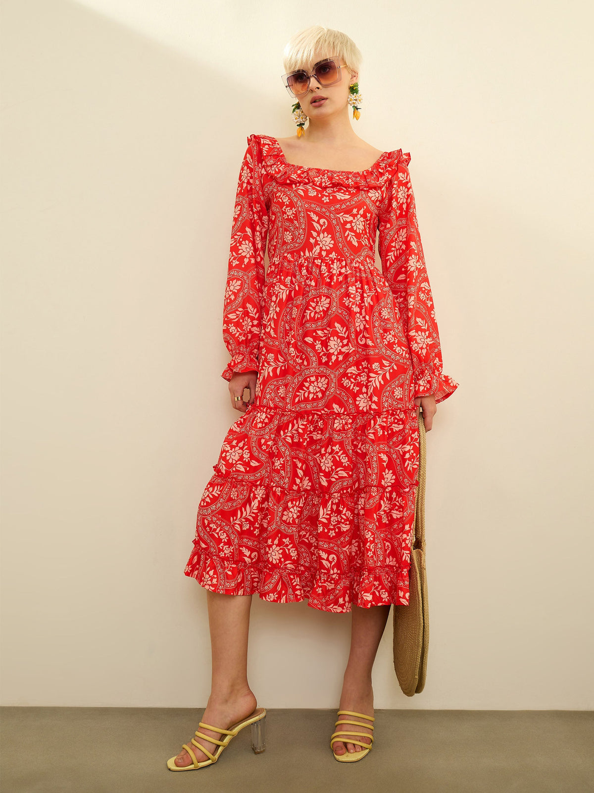 Orange Floral Square Neck Midi Dress-SASSAFRAS