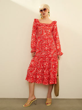 Orange Floral Square Neck Midi Dress-SASSAFRAS
