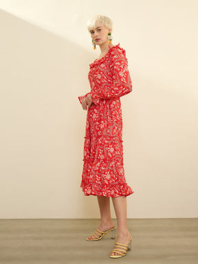 Orange Floral Square Neck Midi Dress-SASSAFRAS