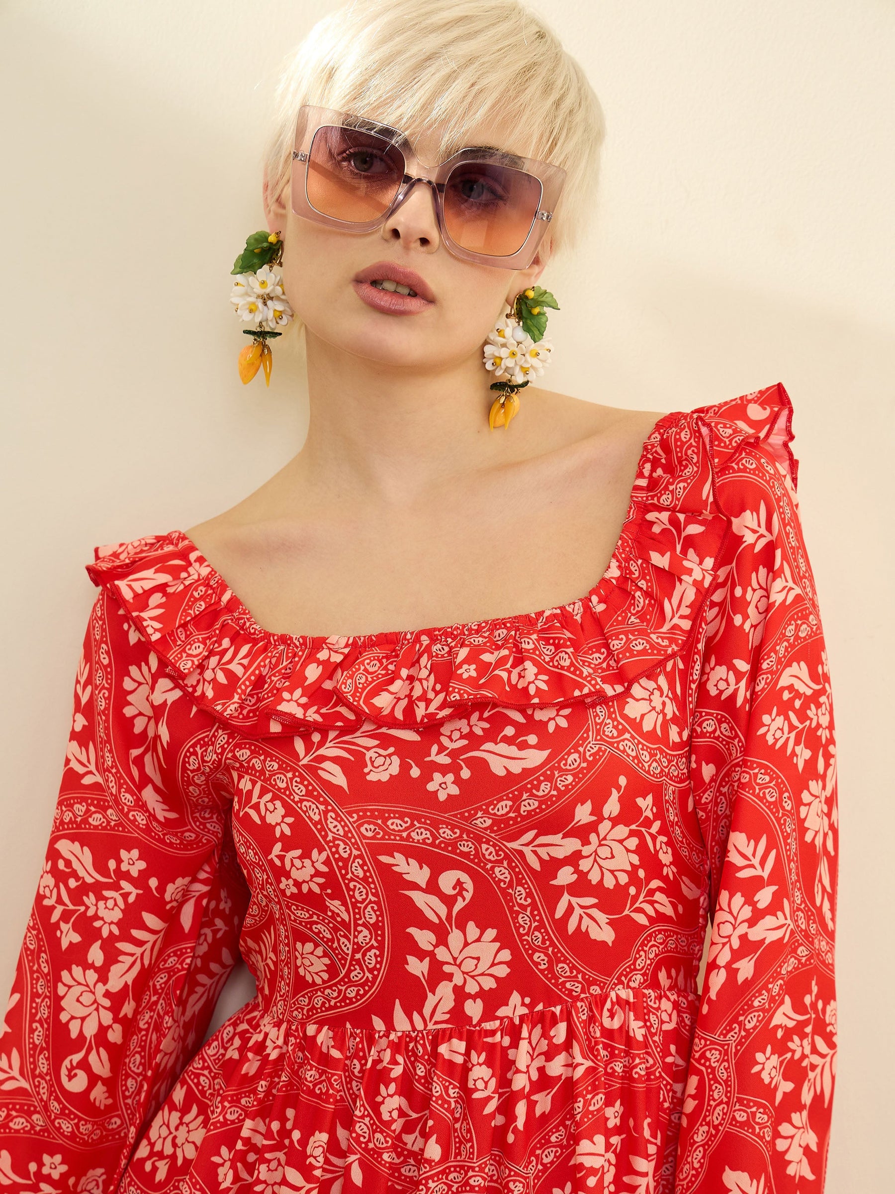 Orange Floral Square Neck Midi Dress-SASSAFRAS