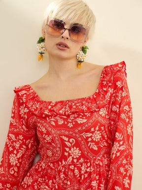 Orange Floral Square Neck Midi Dress-SASSAFRAS