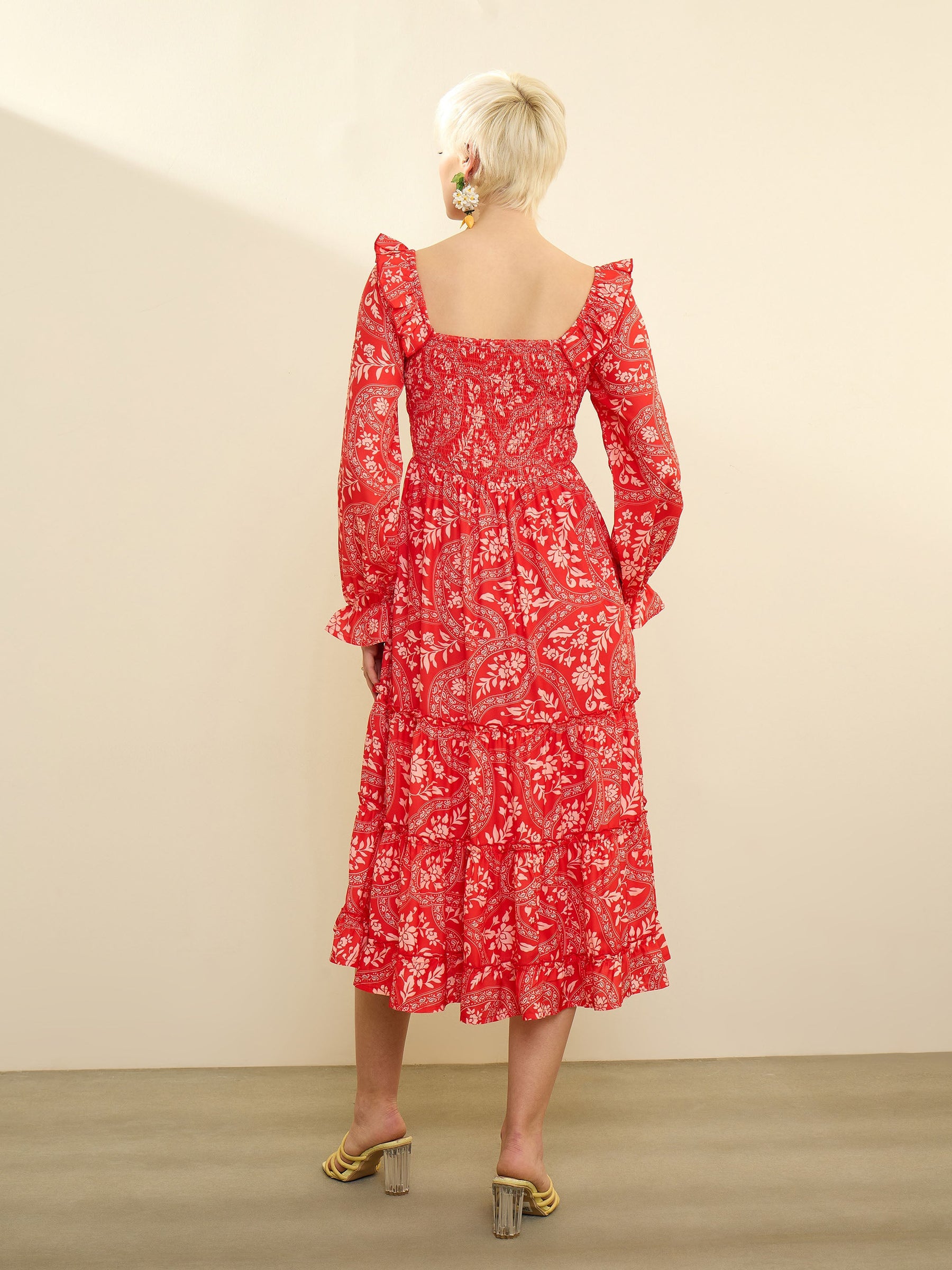 Orange Floral Square Neck Midi Dress-SASSAFRAS