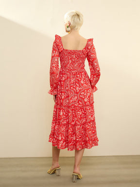 Orange Floral Square Neck Midi Dress-SASSAFRAS