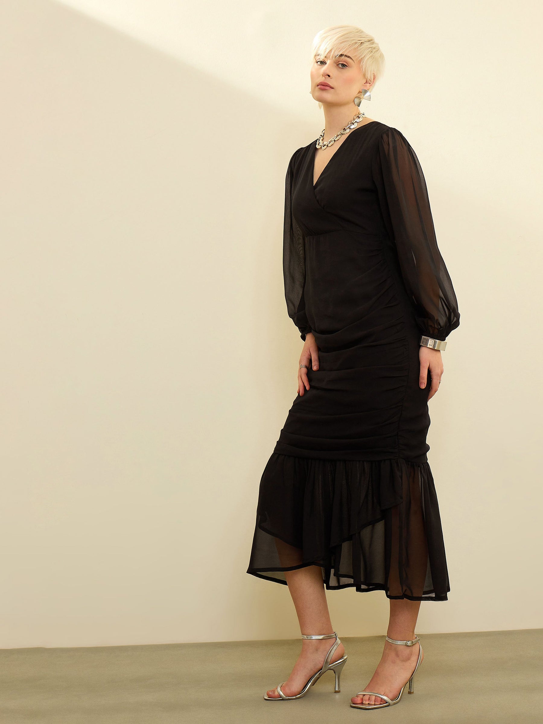 Black Solid Cowl Hem Midi Dress-SASSAFRAS
