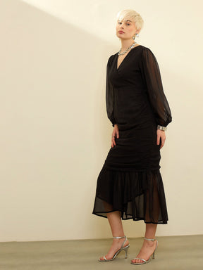 Black Solid Cowl Hem Midi Dress-SASSAFRAS