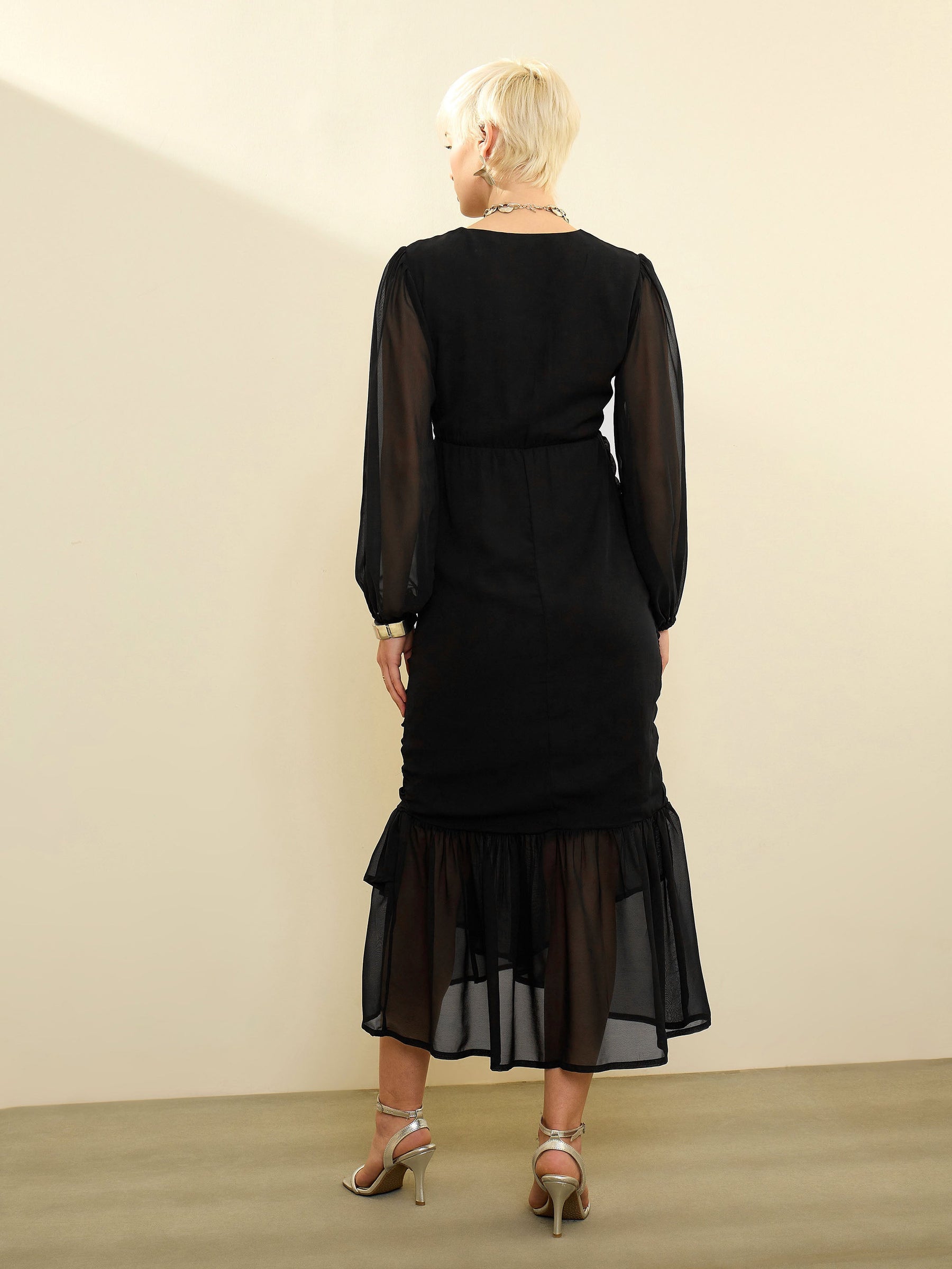Black Solid Cowl Hem Midi Dress-SASSAFRAS