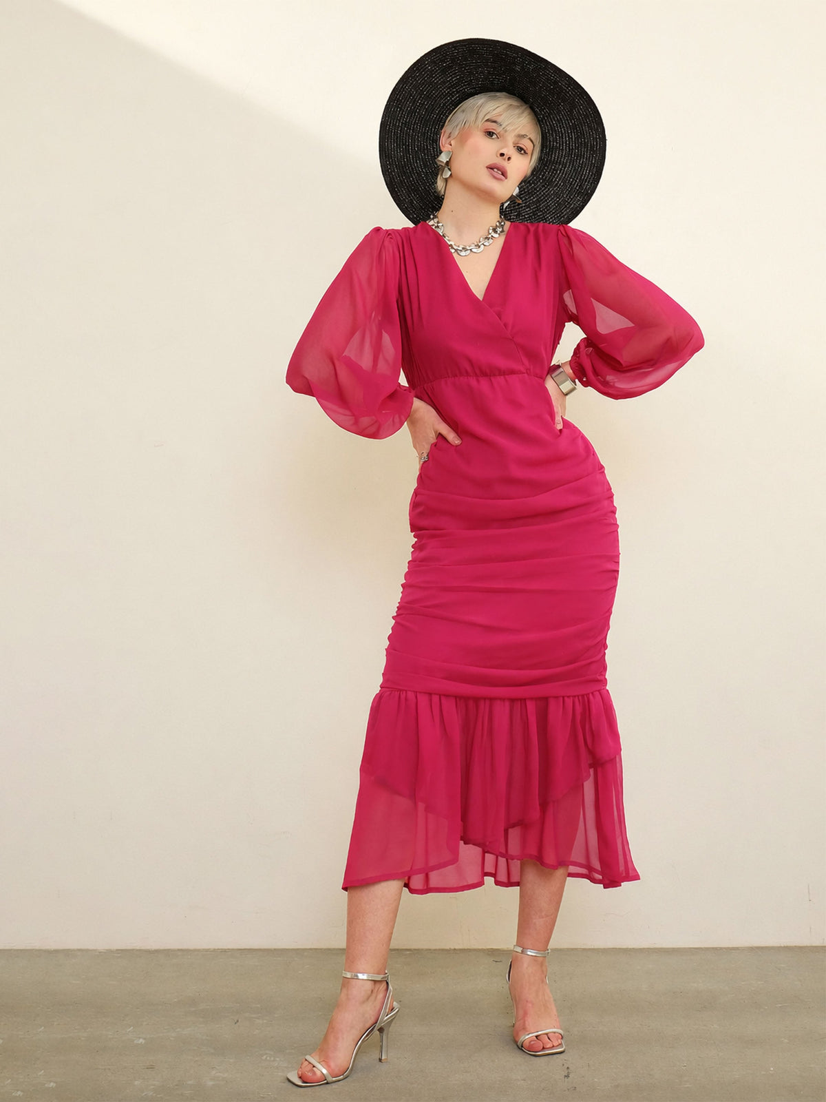 Fuchsia Solid Cowl Hem Midi Dress-SASSAFRAS