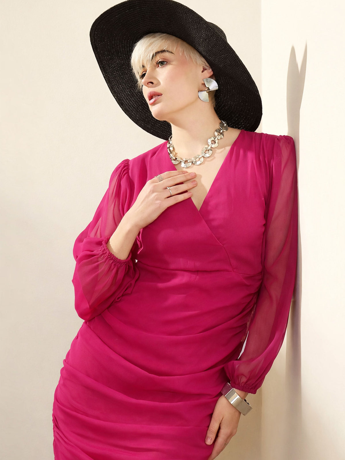 Fuchsia Solid Cowl Hem Midi Dress-SASSAFRAS