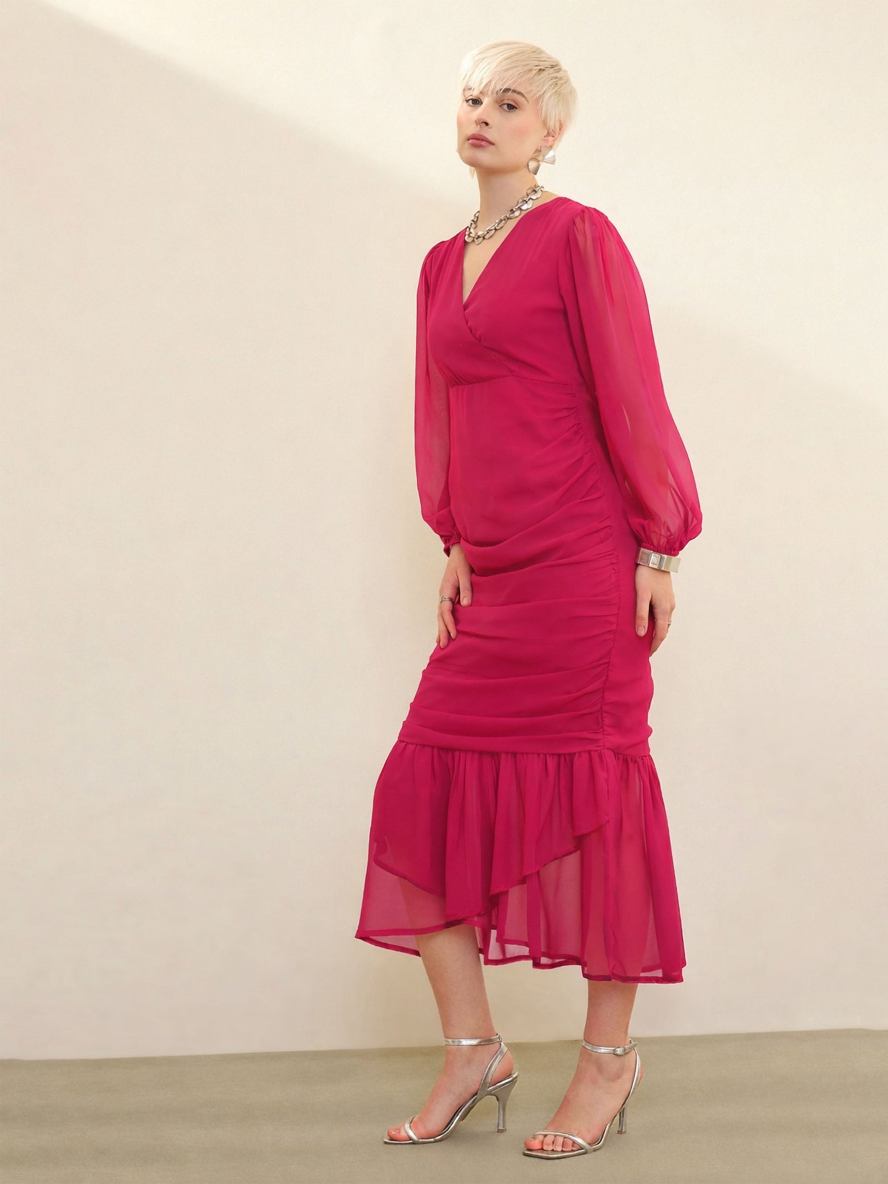 Fuchsia Solid Cowl Hem Midi Dress-SASSAFRAS