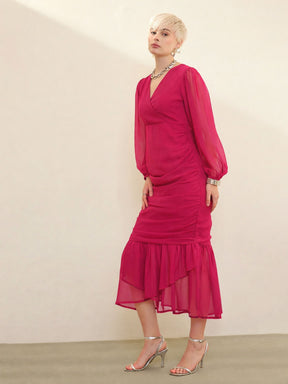 Fuchsia Solid Cowl Hem Midi Dress-SASSAFRAS