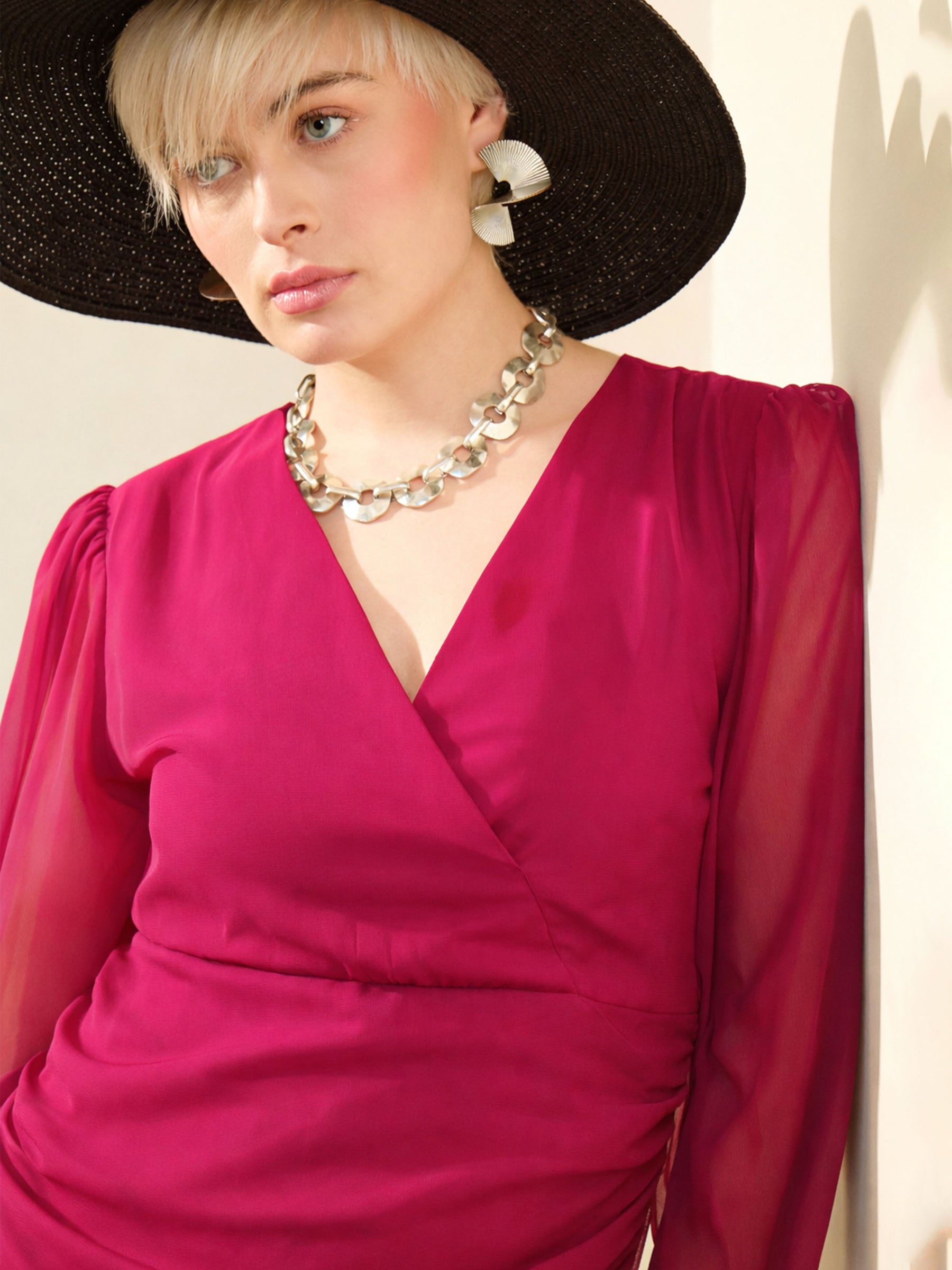 Fuchsia Solid Cowl Hem Midi Dress-SASSAFRAS