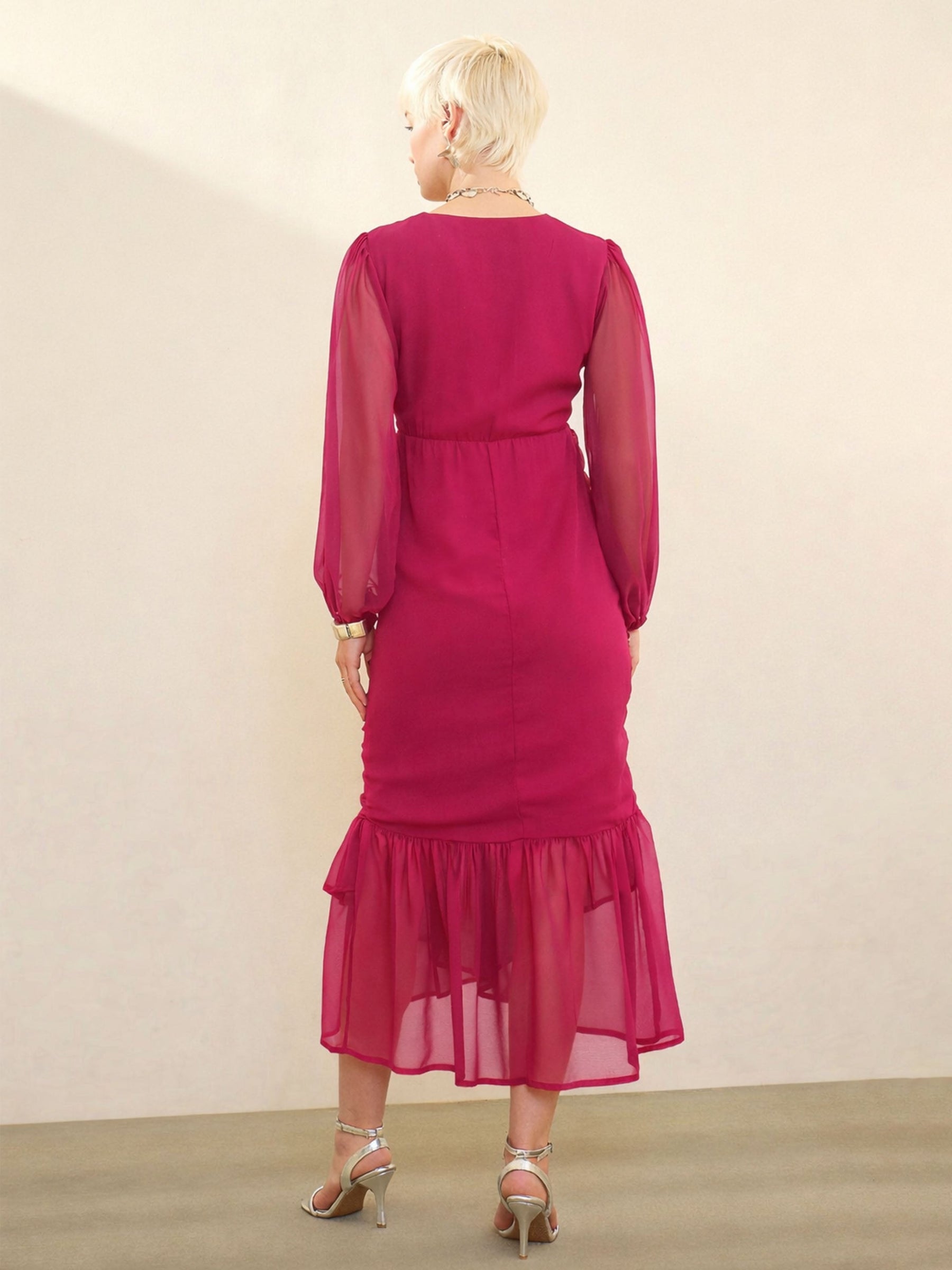 Fuchsia Solid Cowl Hem Midi Dress-SASSAFRAS