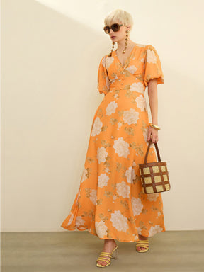 Mustard Floral Balloon Sleeves Maxi Dress-SASSAFRAS