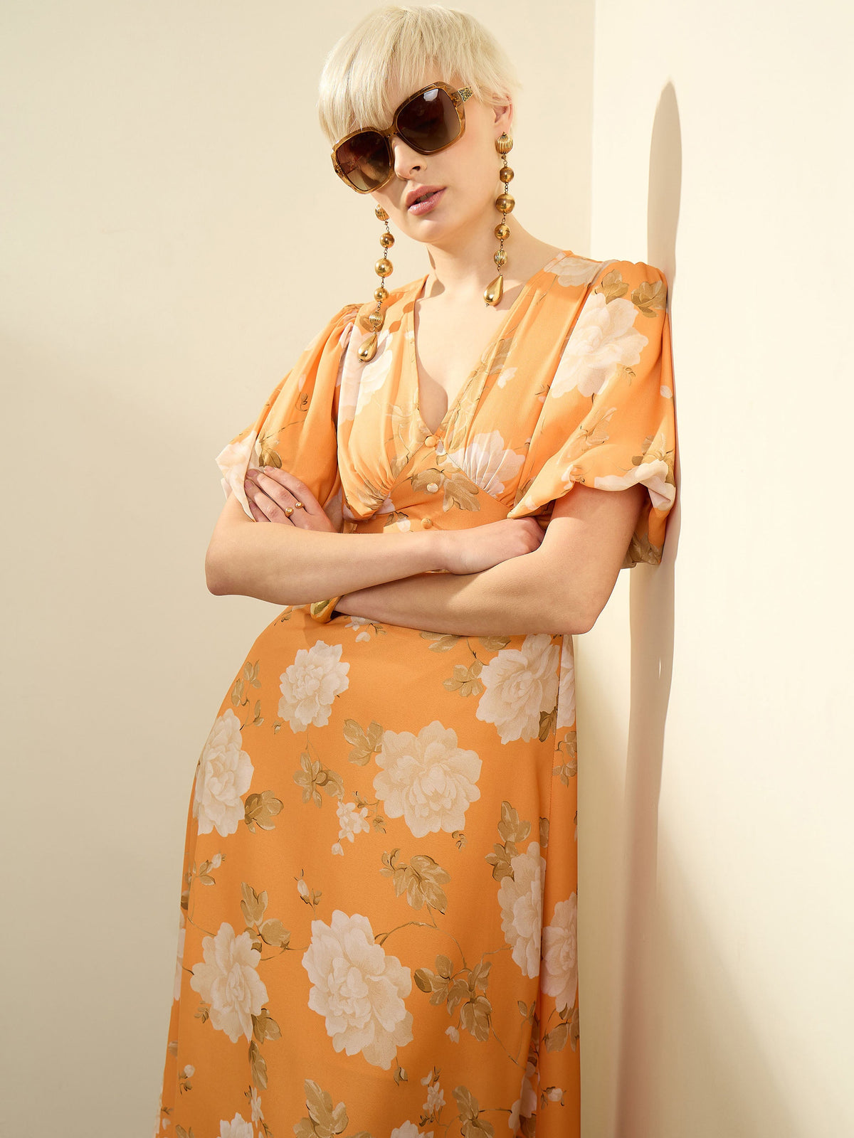 Mustard Floral Balloon Sleeves Maxi Dress-SASSAFRAS