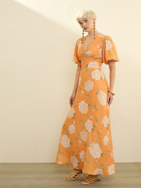 Mustard Floral Balloon Sleeves Maxi Dress-SASSAFRAS