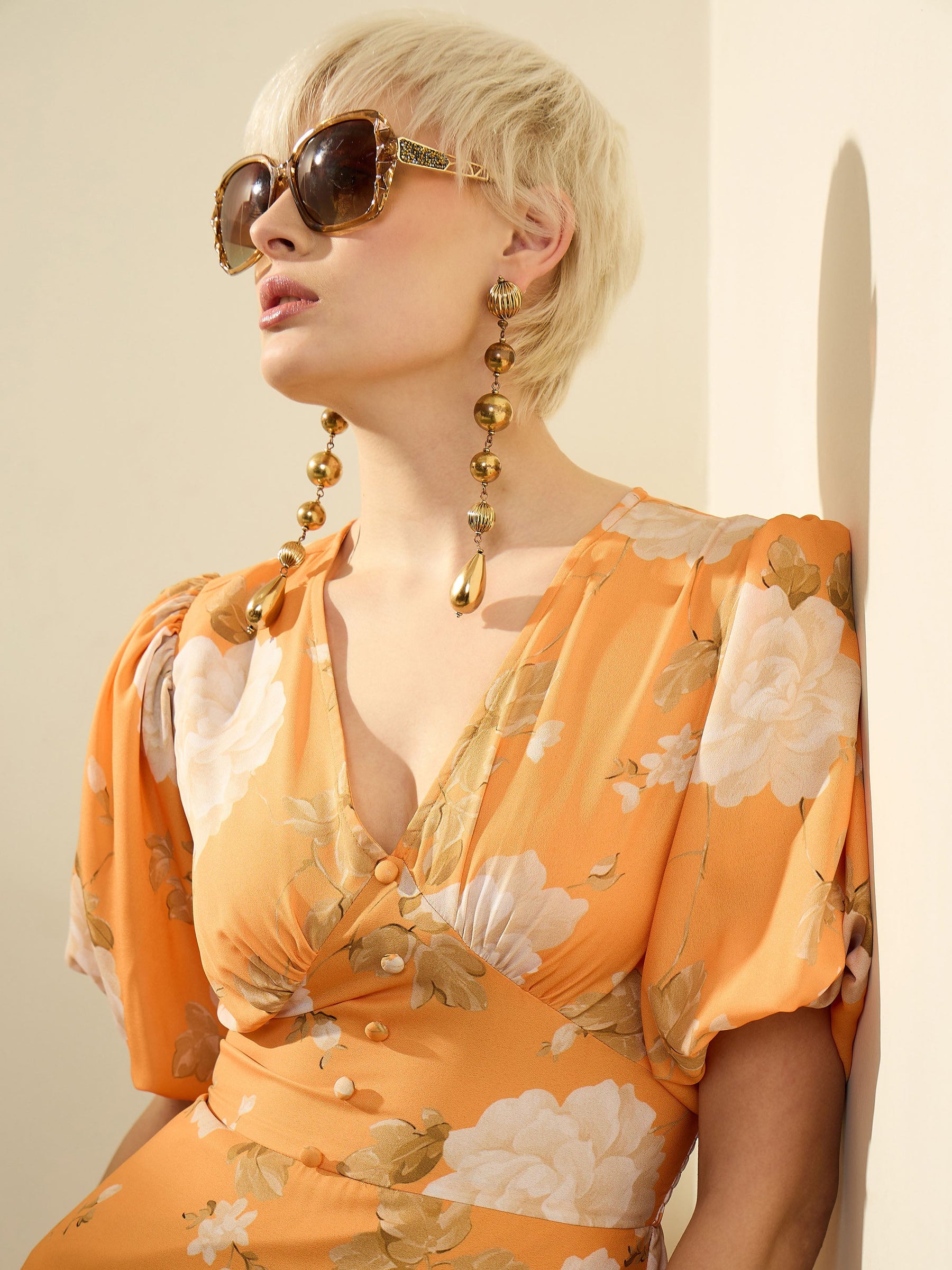 Mustard Floral Balloon Sleeves Maxi Dress-SASSAFRAS