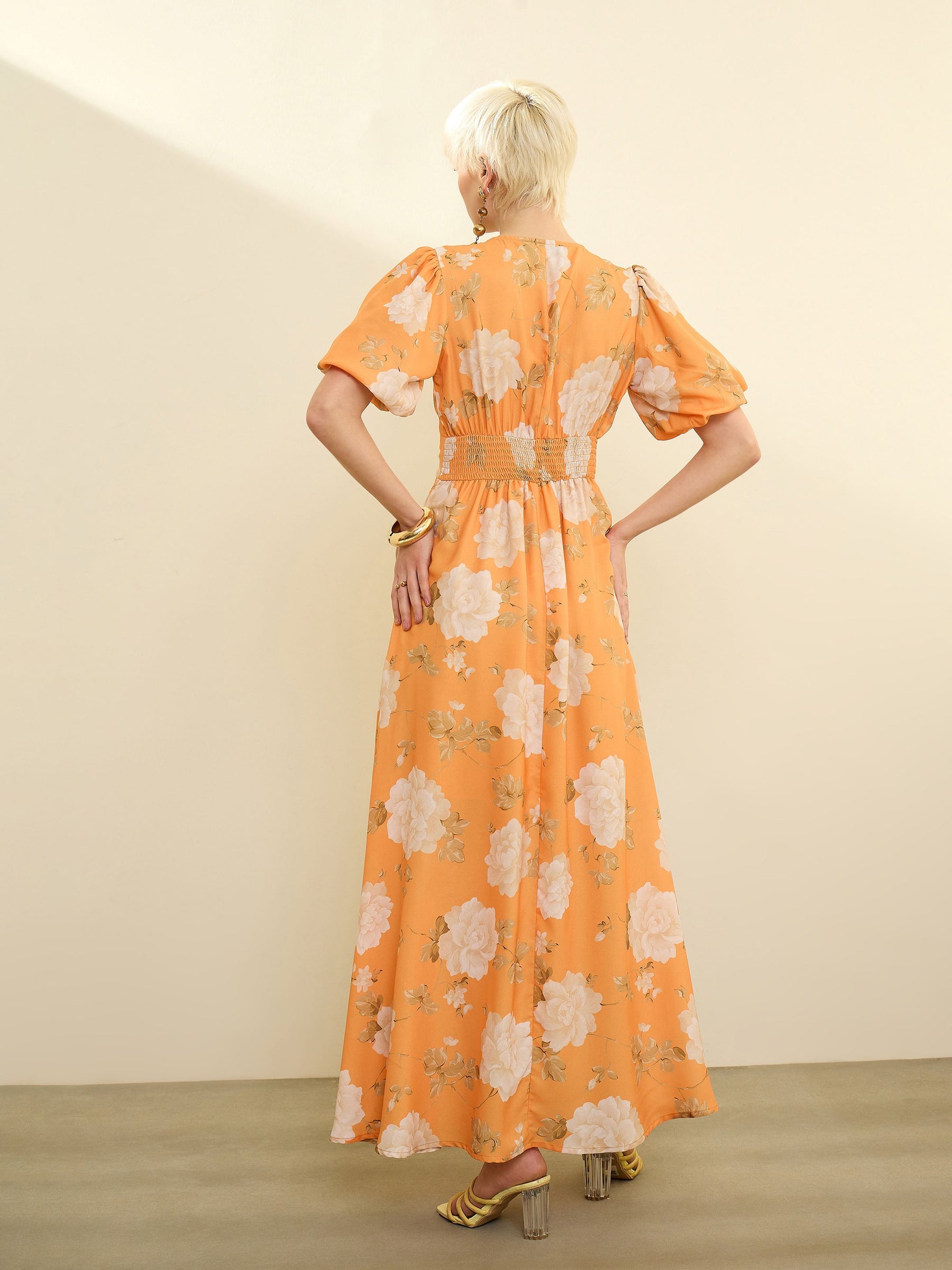 Mustard Floral Balloon Sleeves Maxi Dress-SASSAFRAS