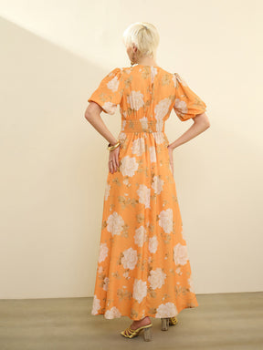 Mustard Floral Balloon Sleeves Maxi Dress-SASSAFRAS