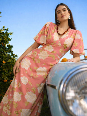 Pink Floral Balloon Sleeves Maxi Dress-SASSAFRAS
