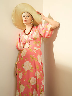 Pink Floral Balloon Sleeves Maxi Dress-SASSAFRAS