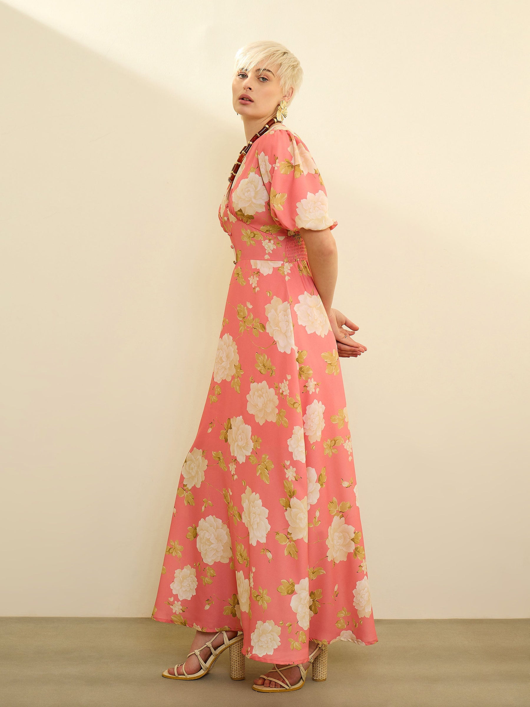 Pink Floral Balloon Sleeves Maxi Dress-SASSAFRAS