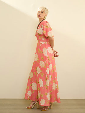 Pink Floral Balloon Sleeves Maxi Dress-SASSAFRAS