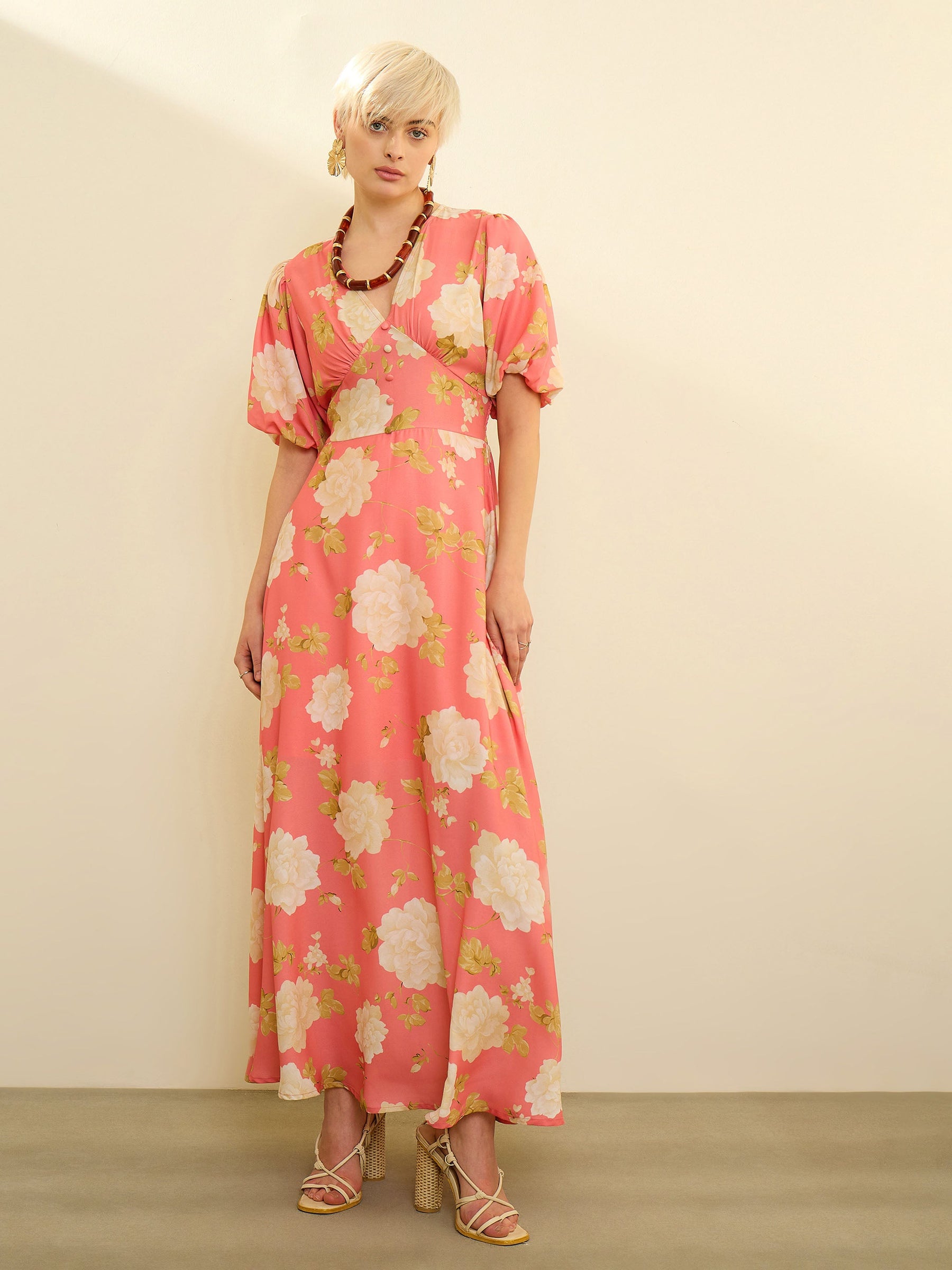Pink Floral Balloon Sleeves Maxi Dress-SASSAFRAS