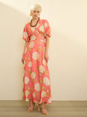 Pink Floral Balloon Sleeves Maxi Dress-SASSAFRAS